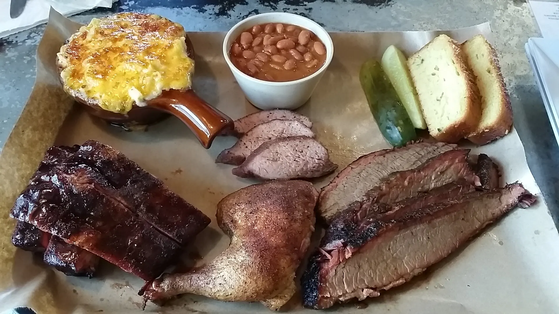 Sample platter of their meats, mac, beans and cornbread.